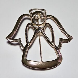 Vintage Angel Brooch Pin Gold Tone Rhinestone eyes Outline Signed AAI